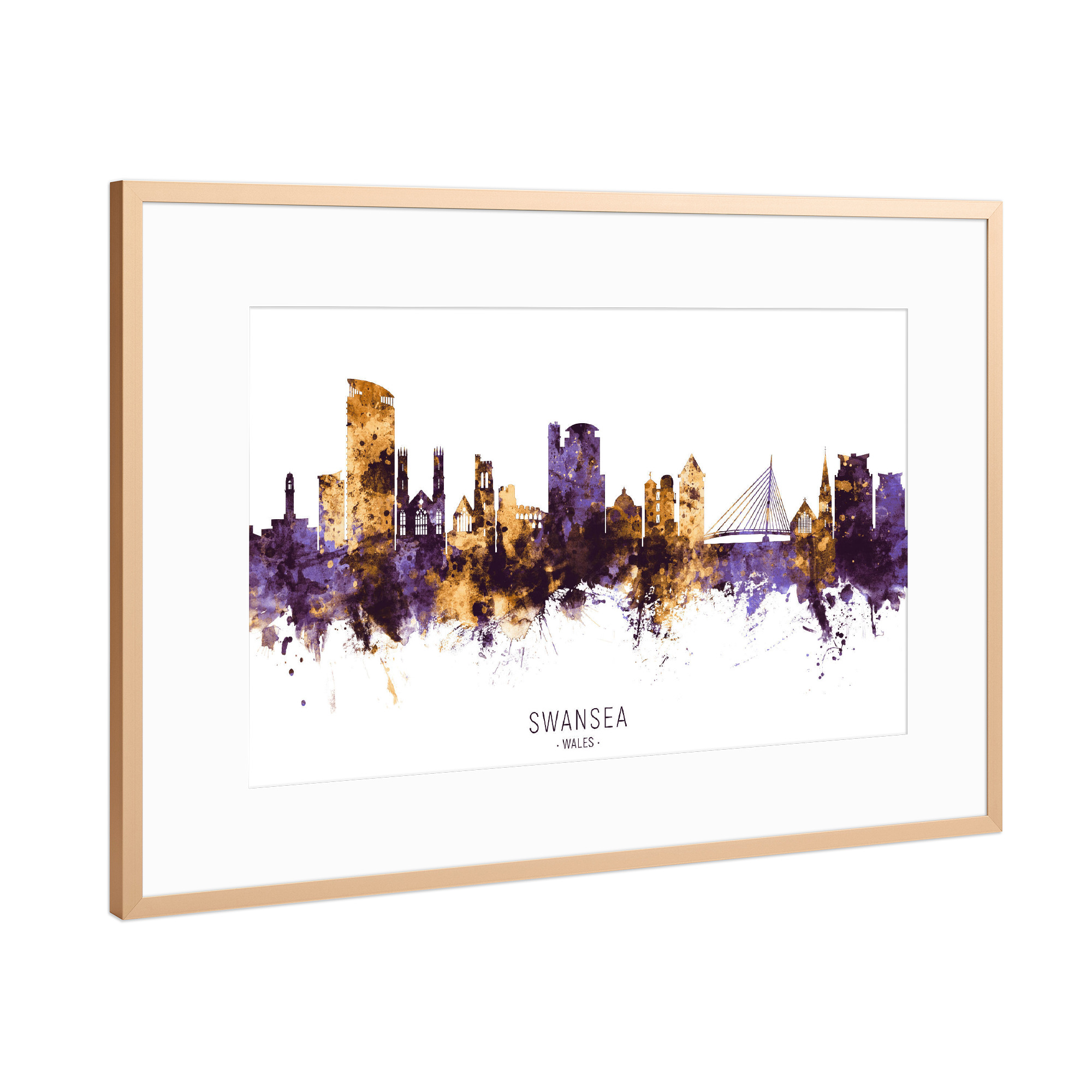 Poster mit Rahmen Kupfer "Swansea Wales Skyline PurpleGold" artboxONE - Städte