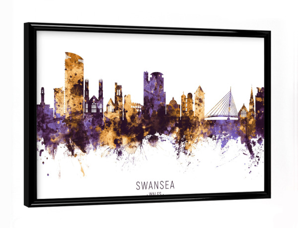 Poster mit schwarzem Rahmen "Swansea Wales Skyline PurpleGold" artboxONE - Städte