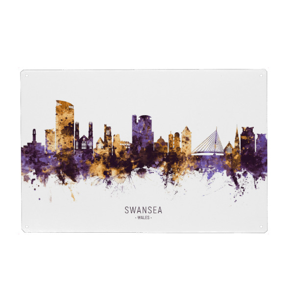 Metall Poster "Swansea Wales Skyline PurpleGold" artboxONE - Städte - Swansea,Wales,Skyline,Cityscape,Stadtbild,Watercolor,Painting,City,Architecture
