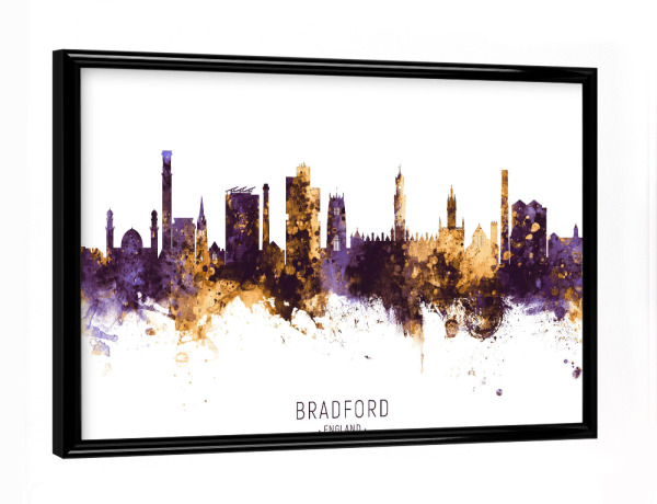 Poster mit schwarzem Rahmen "Bradford Skyline PurpleGold" artboxONE - Städte - Bradford,England,Skyline,Cityscape,Stadtbild,Watercolor,Painting