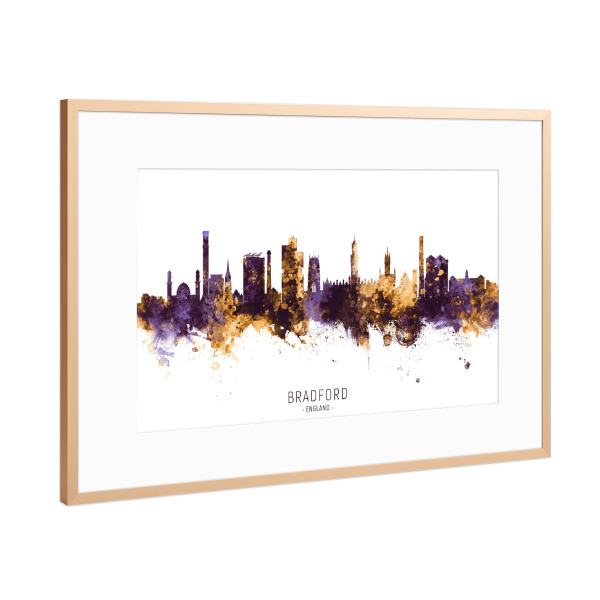 Poster mit Rahmen Kupfer "Bradford Skyline PurpleGold" artboxONE - Städte - Bradford,England,Skyline,Cityscape,Stadtbild,Watercolor,Painting