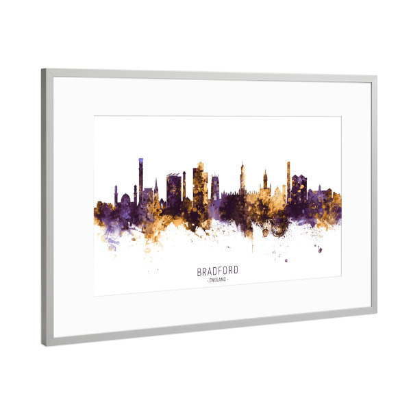 Poster mit Rahmen Silber "Bradford Skyline PurpleGold" artboxONE - Städte - Bradford,England,Skyline,Cityscape,Stadtbild,Watercolor,Painting