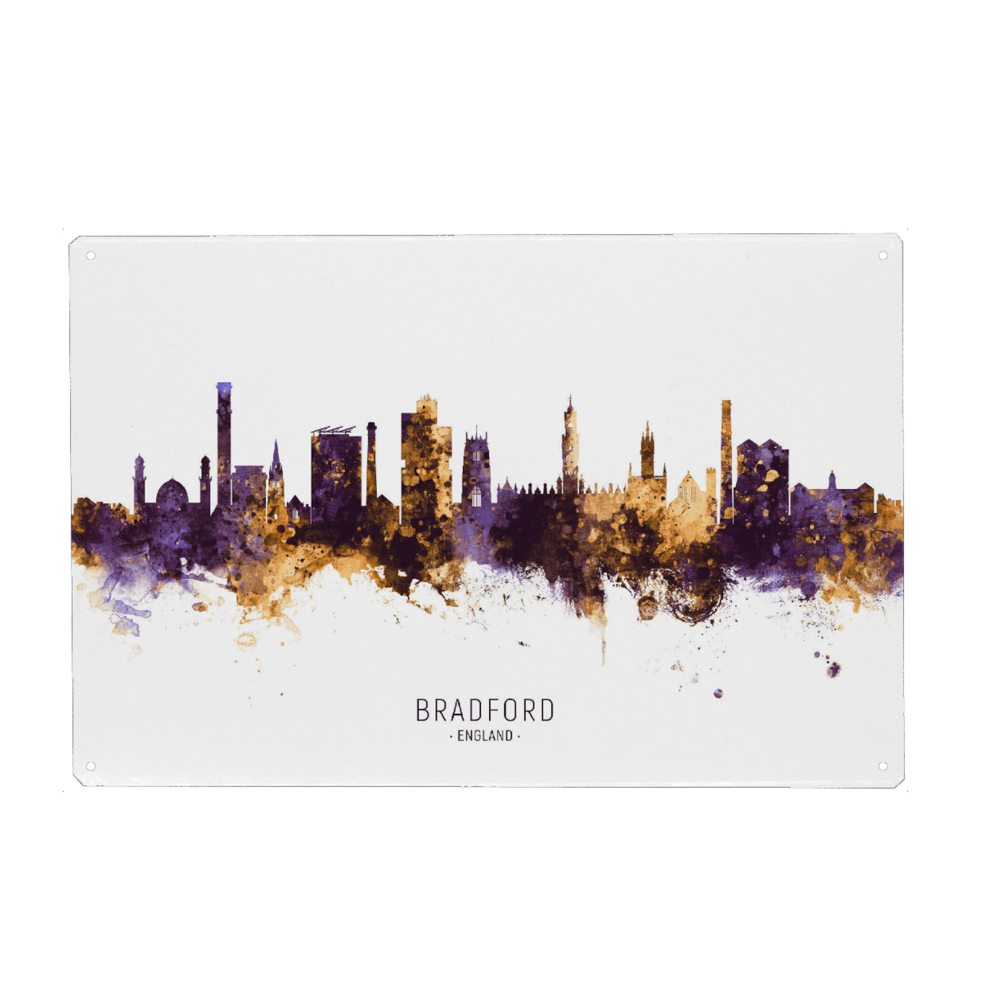 Holzbild "Bradford Skyline PurpleGold" artboxONE - Städte - Bradford,England,Skyline,Cityscape,Stadtbild,Watercolor,Painting