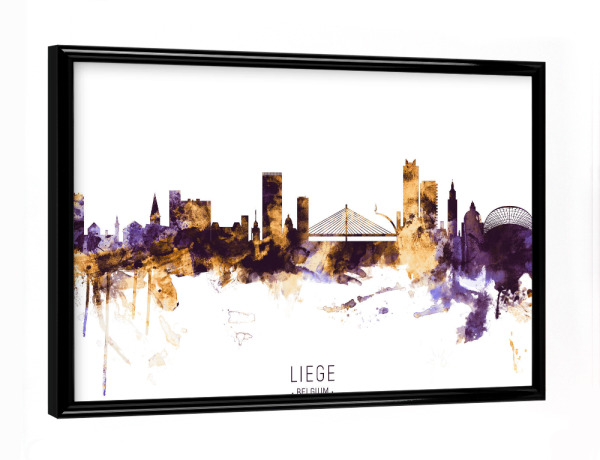 Poster mit schwarzem Rahmen "Liege Belgium Skyline PurpleGold" artboxONE - Städte