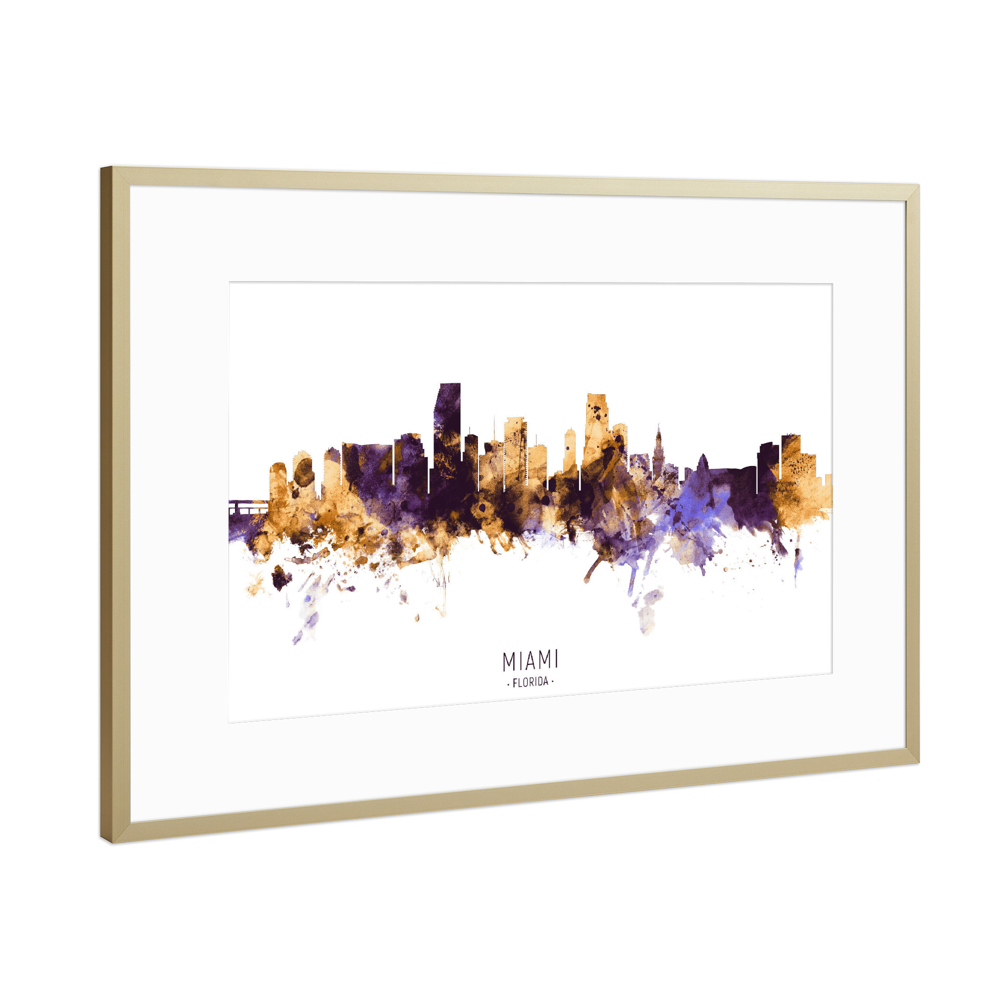 Poster mit Rahmen Gold "Miami Florida Skyline PurpleGold" artboxONE - Städte - Miami,Florida,Skyline,Cityscape,Stadtbild,Watercolor,Painting,Usa,City