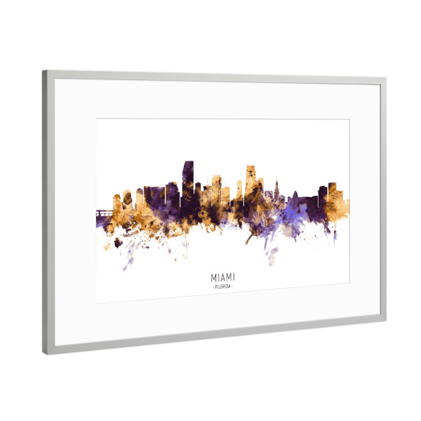 Poster mit Rahmen Silber "Miami Florida Skyline PurpleGold" artboxONE - Städte