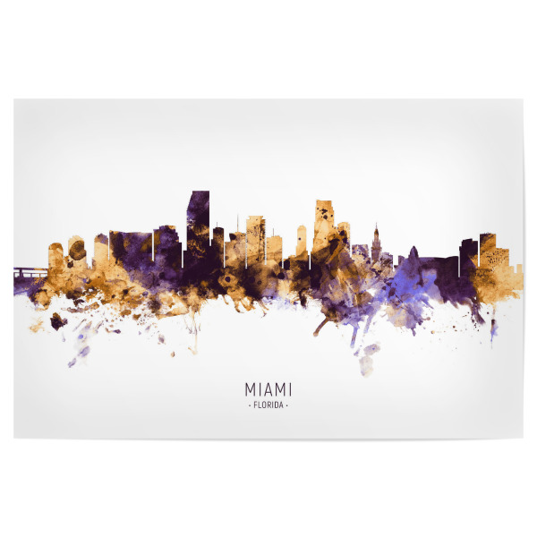 Poster 30x20 cm "Miami Florida Skyline PurpleGold" artboxONE - Städte - Miami,Florida,Skyline,Cityscape,Stadtbild,Watercolor,Painting,Usa,City