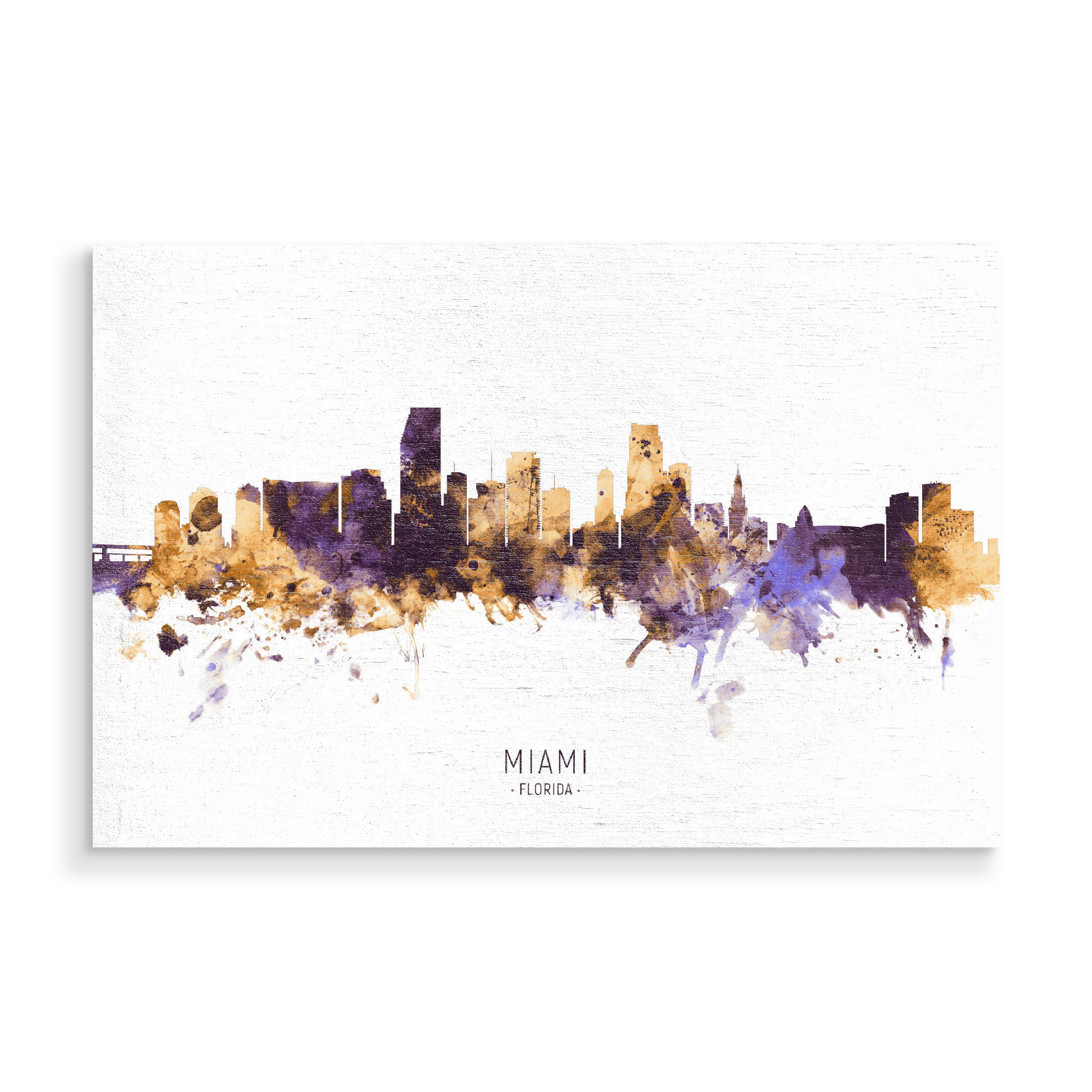 Holzbild "Miami Florida Skyline PurpleGold" artboxONE - Städte - Miami,Florida,Skyline,Cityscape,Stadtbild,Watercolor,Painting,Usa,City