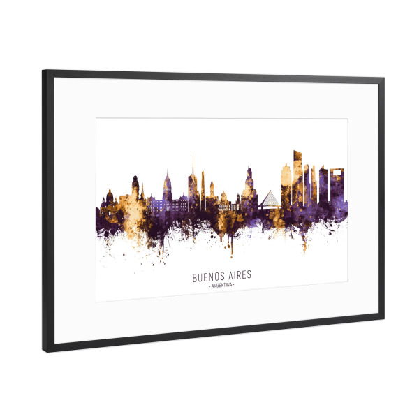 Poster mit Rahmen Schwarz (Metallic) "Buenos Aires Skyline PurpleGold" artboxONE - Städte