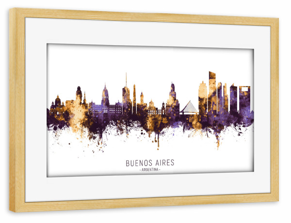 Poster mit Rahmen kiefer "Buenos Aires Skyline PurpleGold" artboxONE - Städte - Buenos aires,Argentina,Skyline,Cityscape,Stadtbild,Watercolor,Painting