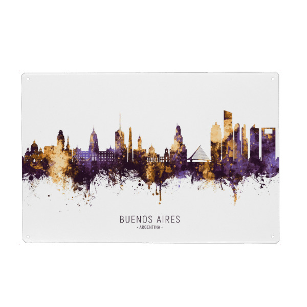 Holzbild "Buenos Aires Skyline PurpleGold" artboxONE - Städte - Buenos aires,Argentina,Skyline,Cityscape,Stadtbild,Watercolor,Painting