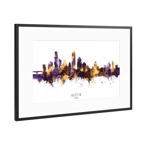 Poster mit Rahmen Schwarz (Metallic) "Austin Texas Skyline PurpleGold" artboxONE - Städte