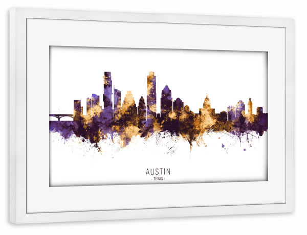 Poster mit Rahmen weiß "Austin Texas Skyline PurpleGold" artboxONE - Städte - Austin,Texas,Skyline,Cityscape,Stadtbild,Watercolor,Painting,Usa
