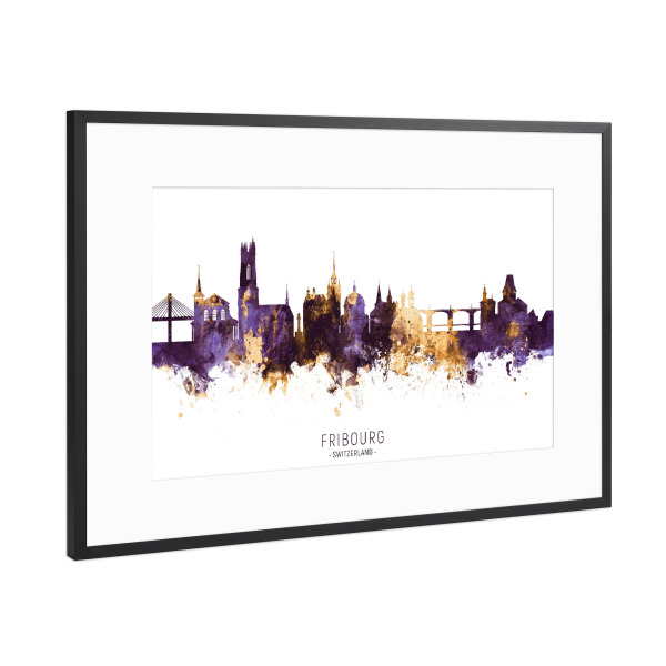 Poster mit Rahmen Schwarz (Metallic) "Fribourg Skyline PurpleGold" artboxONE - Städte