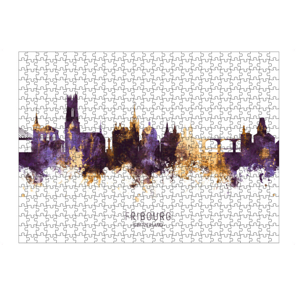 Puzzle Ravensburger "Fribourg Skyline PurpleGold" artboxONE - Städte - Fribourg,Switzerland,Skyline,Cityscape,Stadtbild,Watercolor,Painting,City