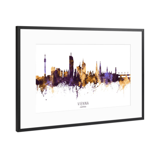 Poster mit Rahmen Schwarz (Metallic) "Vienna Austria Skyline PurpleGold" artboxONE - Städte