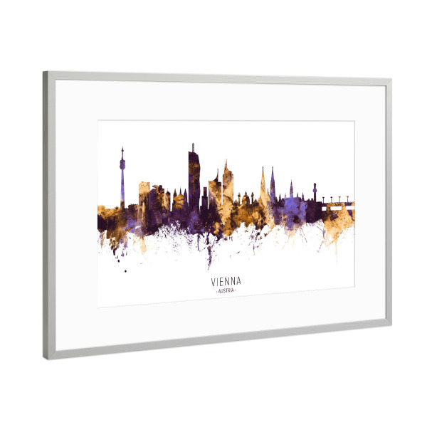 Poster mit Rahmen Silber "Vienna Austria Skyline PurpleGold" artboxONE - Städte - Vienna,Austria,Skyline,Cityscape,Stadtbild,Watercolor,Painting,City
