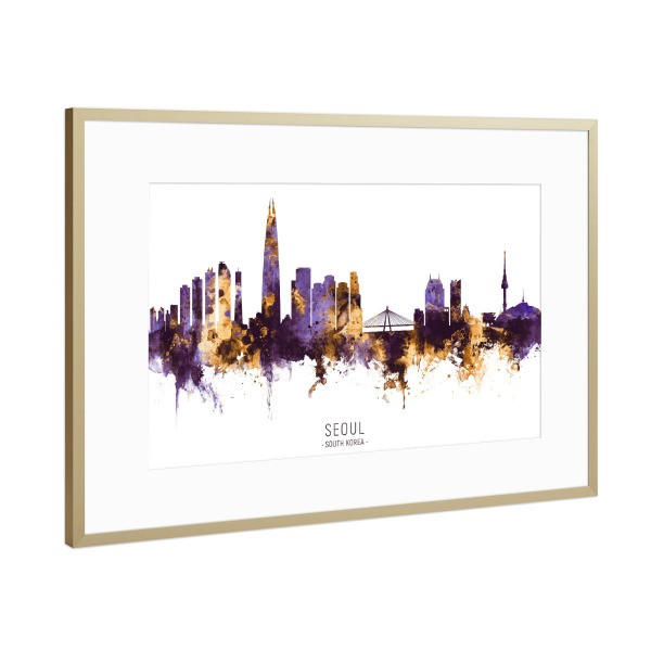 Poster mit Rahmen Gold "Seoul Skyline PurpleGold" artboxONE - Städte - Seoul,South korea,Skyline,Cityscape,Stadtbild,Watercolor,Painting