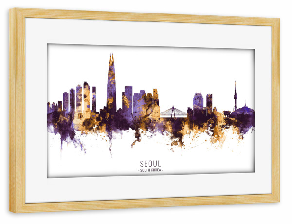 Poster mit Rahmen kiefer "Seoul Skyline PurpleGold" artboxONE - Städte - Seoul,South korea,Skyline,Cityscape,Stadtbild,Watercolor,Painting