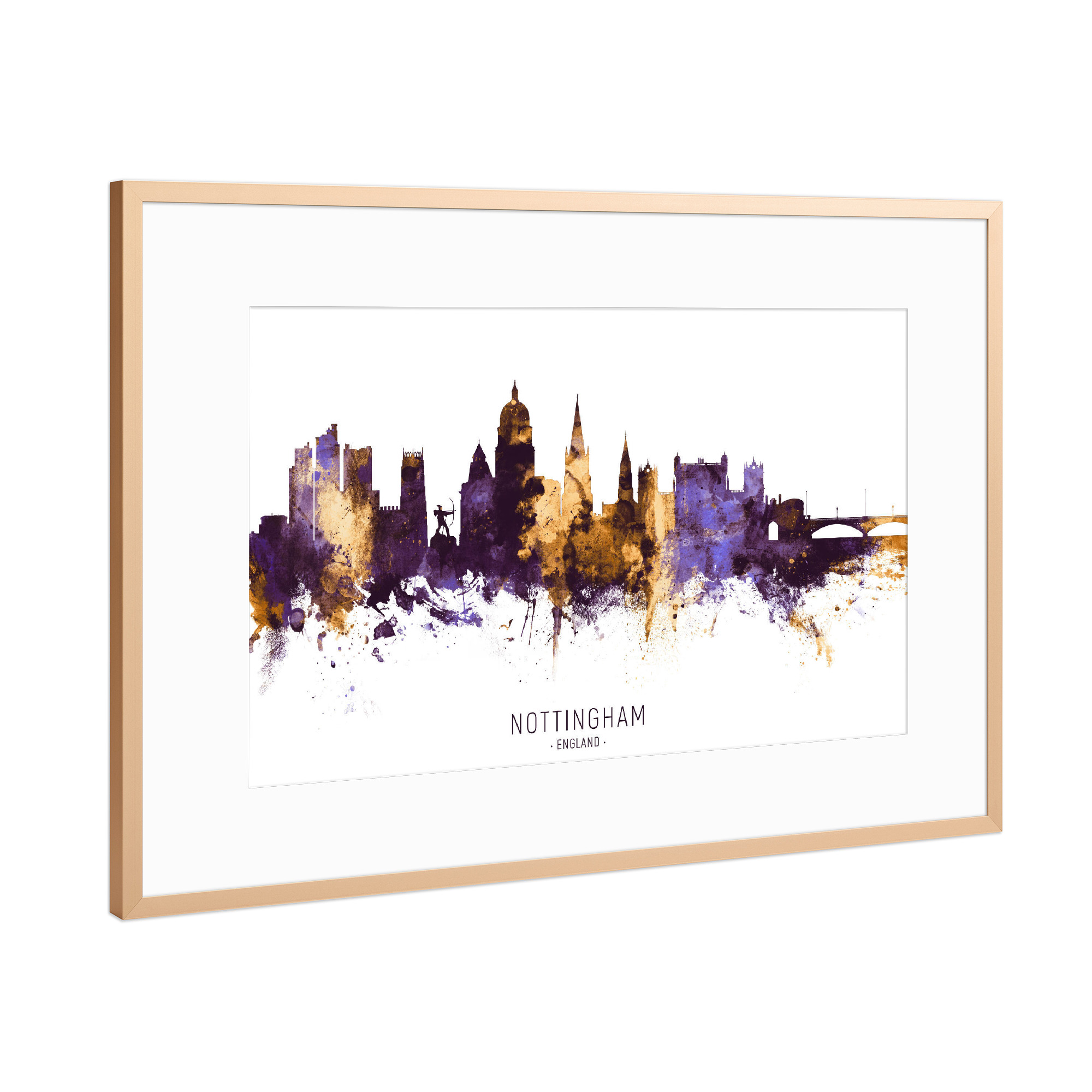 Poster mit Rahmen Kupfer "Nottingham Skyline PurpleGold" artboxONE - Städte - Nottingham,England,Skyline,Cityscape,Stadtbild,Watercolor,Painting,City