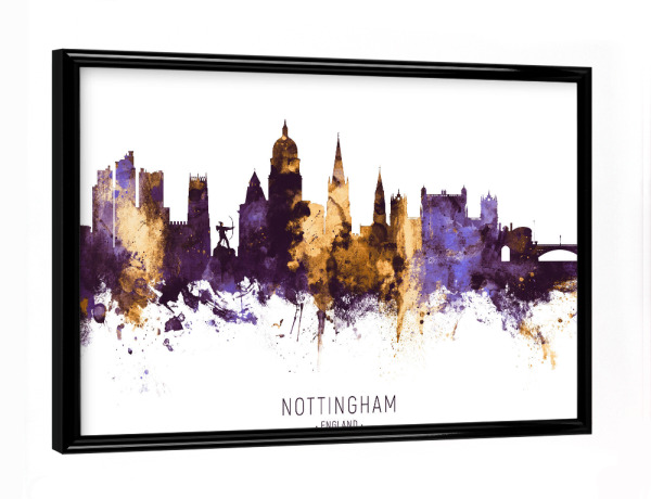 Poster mit schwarzem Rahmen "Nottingham Skyline PurpleGold" artboxONE - Städte