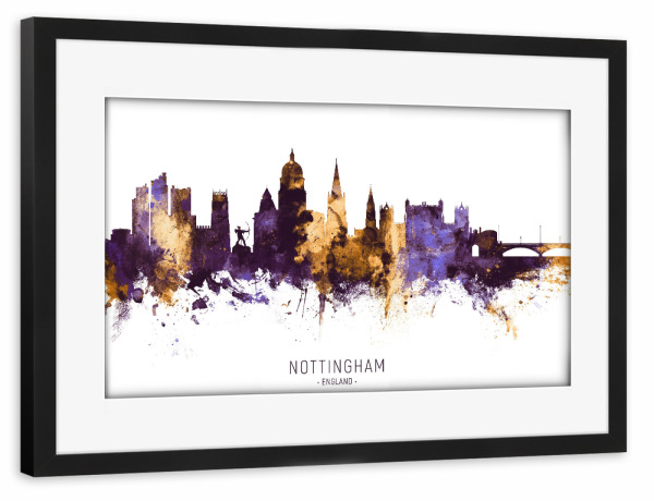 Poster mit Rahmen schwarz "Nottingham Skyline PurpleGold" artboxONE - Städte - Nottingham,England,Skyline,Cityscape,Stadtbild,Watercolor,Painting,City