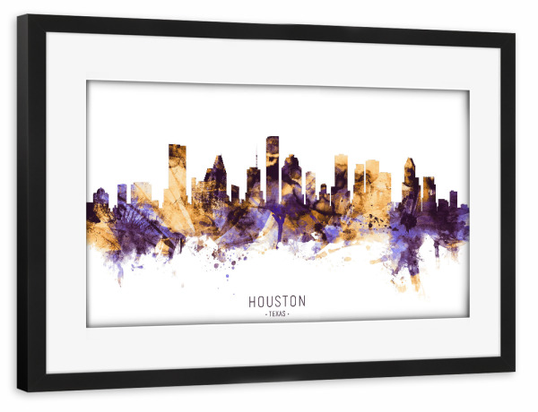 Poster mit Rahmen schwarz "Houston Texas Skyline PurpleGold" artboxONE - Städte - Houston,Texas,Skyline,Cityscape,Stadtbild,Watercolor,Painting