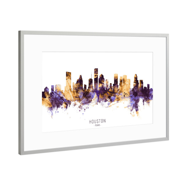 Poster mit Rahmen Silber "Houston Texas Skyline PurpleGold" artboxONE - Städte - Houston,Texas,Skyline,Cityscape,Stadtbild,Watercolor,Painting