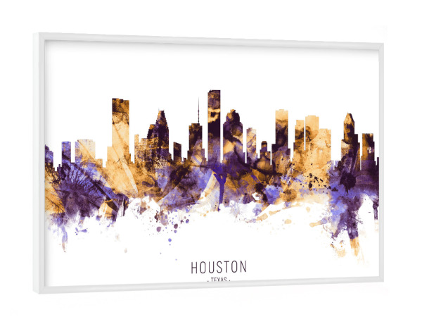 Poster mit weißem Rahmen "Houston Texas Skyline PurpleGold" artboxONE - Städte - Houston,Texas,Skyline,Cityscape,Stadtbild,Watercolor,Painting