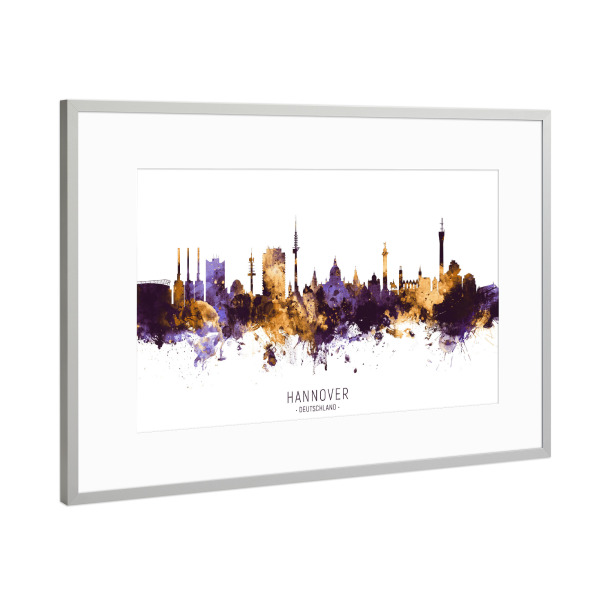 Poster mit Rahmen Silber "Hannover Skyline PurpleGold" artboxONE - Städte - Hannover,Deutschland,Skyline,Cityscape,Stadtbild,Watercolor,Painting,City