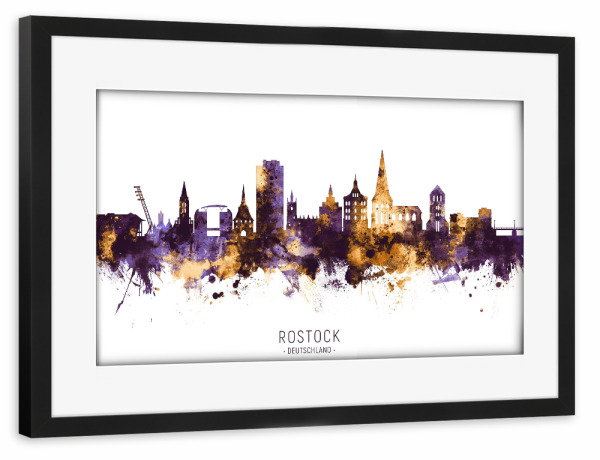 Poster mit Rahmen schwarz "Rostock Germany Skyline PurpleGold" artboxONE - Städte