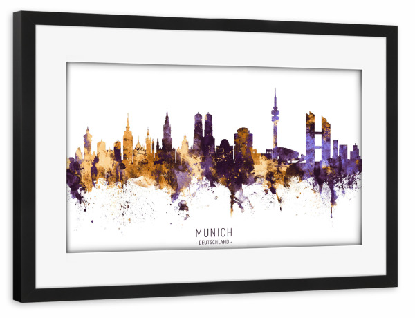 Poster mit Rahmen schwarz "Munich Germany Skyline PurpleGold" artboxONE - Städte,Städte / München