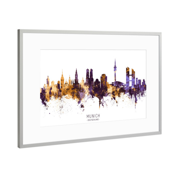 Poster mit Rahmen Silber "Munich Germany Skyline PurpleGold" artboxONE - Städte,Städte / München