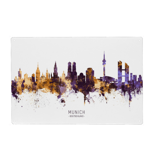 Holzbild "Munich Germany Skyline PurpleGold" artboxONE - Städte,Städte / München - Munich,Germany,Skyline,Cityscape,Stadtbild,Watercolor,City