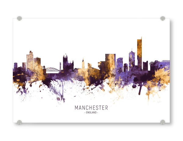 Acrylglasbild "Manchester Skyline PurpleGold" artboxONE - Städte - Manchester,England,Skyline,Cityscape,Stadtbild,Watercolor,Painting,City