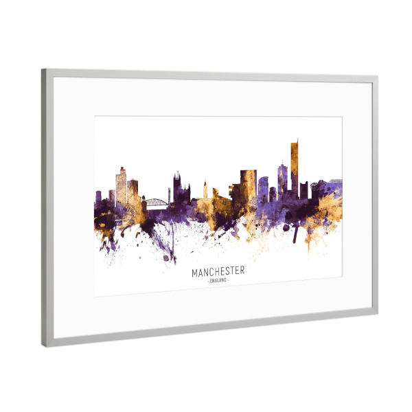 Poster mit Rahmen Silber "Manchester Skyline PurpleGold" artboxONE - Städte - Manchester,England,Skyline,Cityscape,Stadtbild,Watercolor,Painting,City