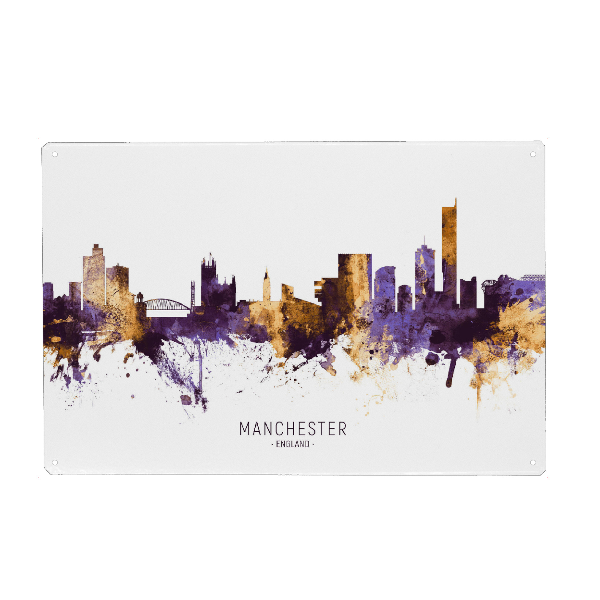 Metall Poster "Manchester Skyline PurpleGold" artboxONE - Städte - Manchester,England,Skyline,Cityscape,Stadtbild,Watercolor,Painting,City