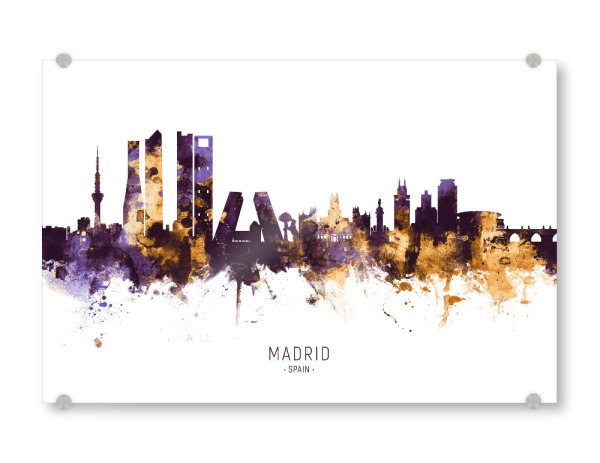Acrylglasbild "Madrid Spain Skyline PurpleGold" artboxONE - Städte - Madrid,Spain,Skyline,Cityscape,Stadtbild,Watercolor,Painting,City