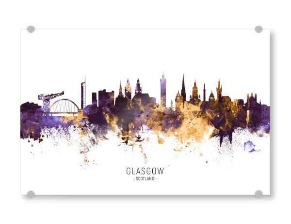 Acrylglasbild "Glasgow Skyline PurpleGold" artboxONE - Städte - Glasgow,Scotland,Skyline,Cityscape,Stadtbild,Watercolor,Painting