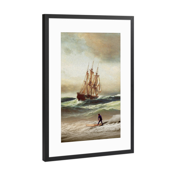 Poster mit Rahmen Schwarz (Metallic) "SURFING BACK IN TIME" artboxONE - Reise / Strand und Meer,Fiktion,Lustig