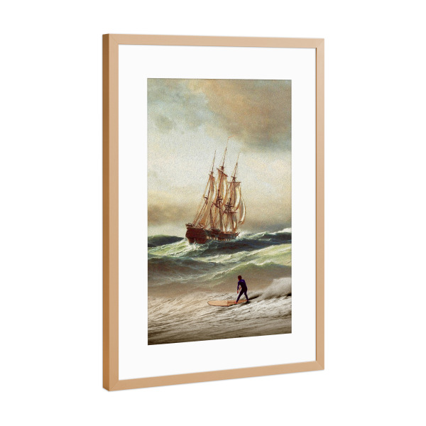 Poster mit Rahmen Kupfer "SURFING BACK IN TIME" artboxONE - Reise / Strand und Meer,Fiktion,Lustig