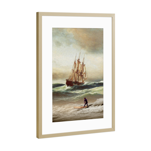 Poster mit Rahmen Gold "SURFING BACK IN TIME" artboxONE - Reise / Strand und Meer,Fiktion,Lustig