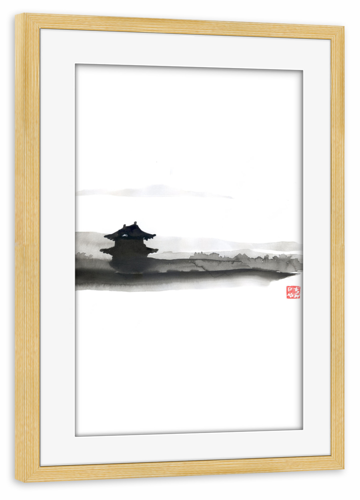 Poster mit Rahmen kiefer "Temple in the myst" artboxONE - Natur,Schwarzweiß - Myst,Temple,Tree,Japan,China,Sumie