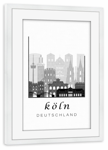 Poster mit Rahmen weiß "Cologne skyline black & white" artboxONE - Städte / Köln,Schwarzweiß,Architektur