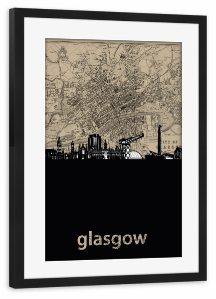 Poster mit Rahmen schwarz "Glasgow skyline map" artboxONE - Städte,Reise,Architektur,Kartografie