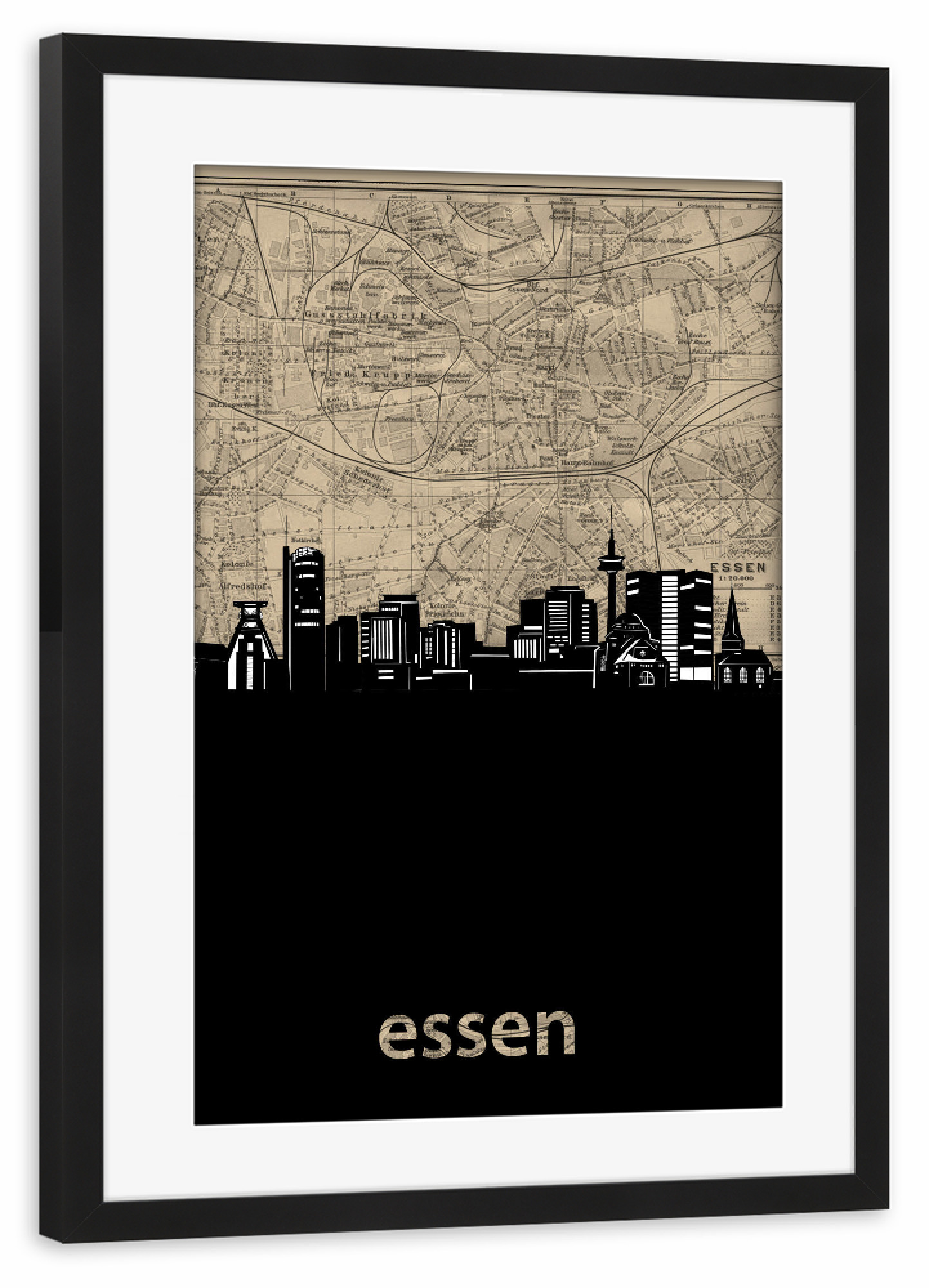 Poster mit Rahmen schwarz "Essen skyline map" artboxONE - Städte,Reise,Architektur,Kartografie