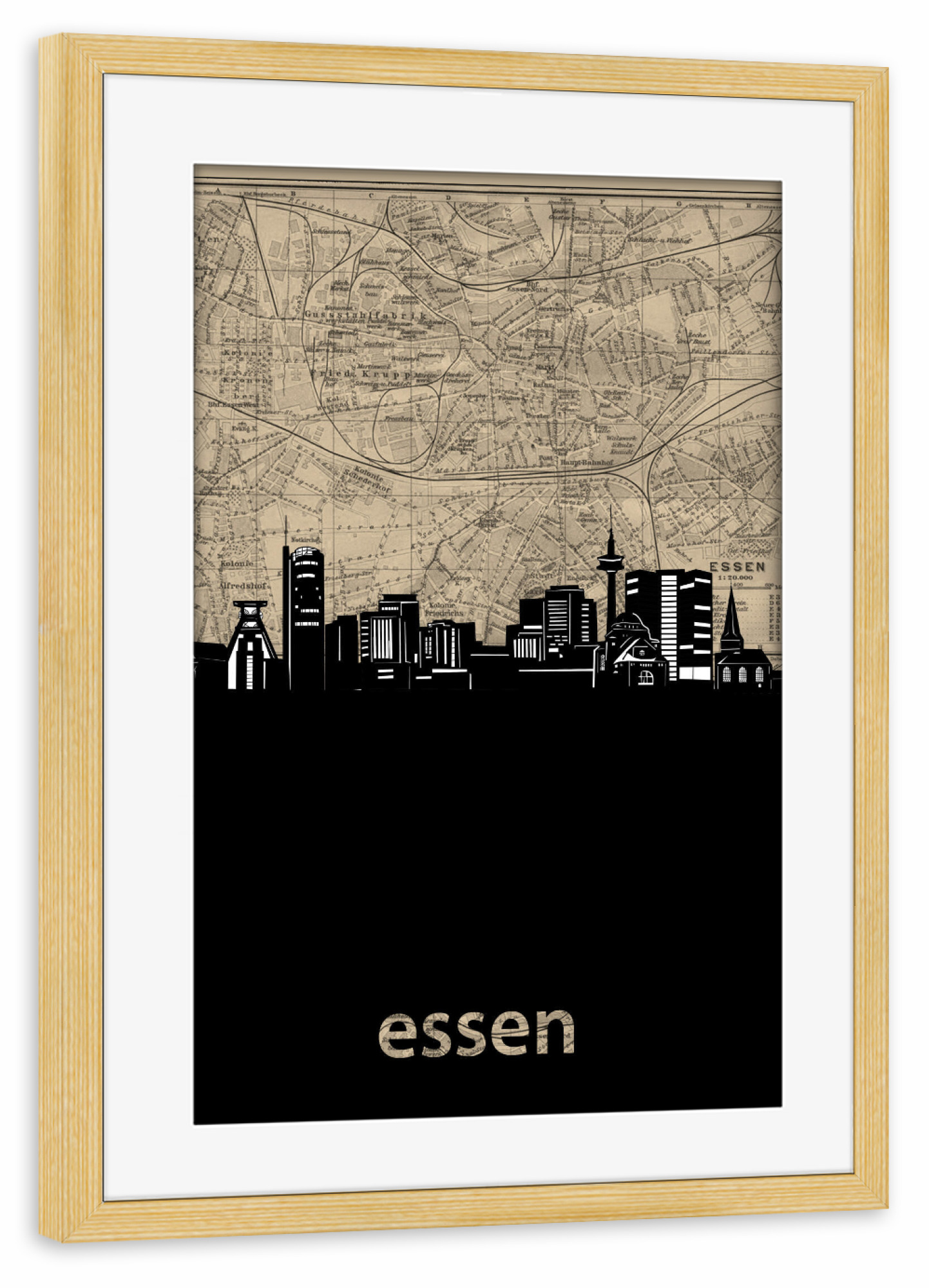 Poster mit Rahmen kiefer "Essen skyline map" artboxONE - Städte,Reise,Architektur,Kartografie