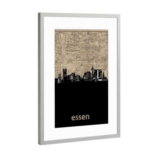 Poster mit Rahmen Silber "Essen skyline map" artboxONE - Städte,Reise,Architektur,Kartografie
