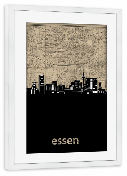 Poster mit Rahmen weiß "Essen skyline map" artboxONE - Städte,Reise,Architektur,Kartografie
