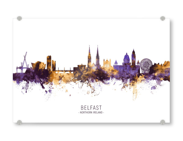 Acrylglasbild "Belfast Skyline PurpleGold" artboxONE - Städte - Belfast,Northern ireland,Skyline,Cityscape,Stadtbild,Watercolor,City